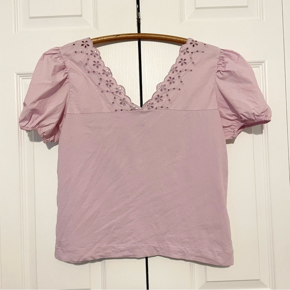 J. Crew Eyelet Top with Puff Sleeves Size Small Lilac Cotton Jersey Tee Pastel - Picture 6 of 6